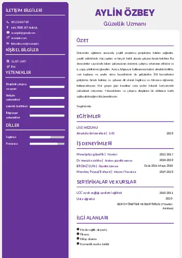 Güzellik Uzmanı Cv Örnekleri  cv indir